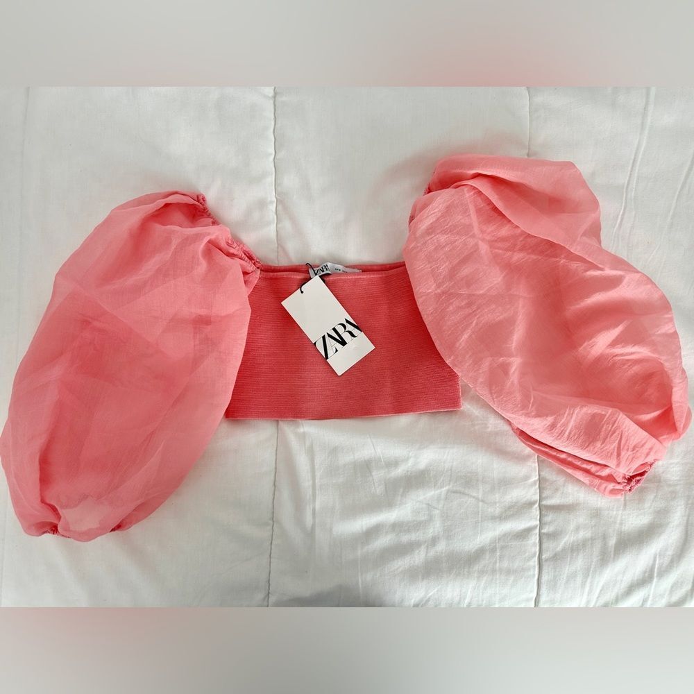ZARA Top Pink Organza Sleeve Shirt Combination Crop Top Size M • NEW WITH TAGS • - Picture 12 of 15